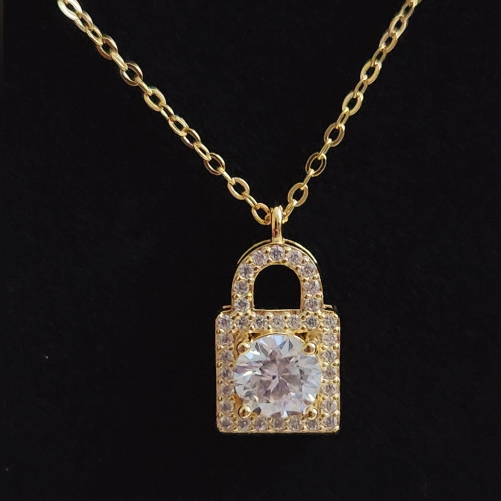 1ct Moissanite Diamond Lock Pendant 925 Silver Gold Plated Necklace